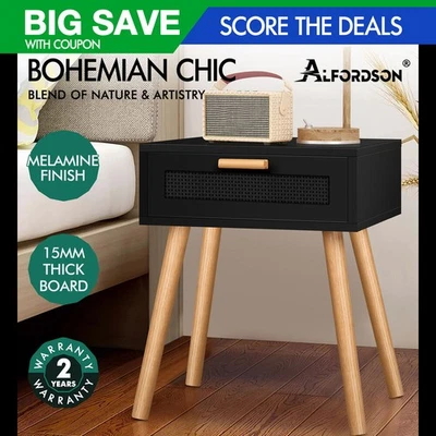ALFORDSON Bedside Table Nightstand Side Storage Drawer Wooded Rattan Black - image 1 of 4