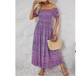 NWT Zesica Floral Long Maxi Dress Sz L Boho Cottagecore Peasant Purple Smocked - Picture 1 of 13