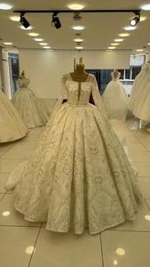 Luxury A-Line Wedding Dress Square Neck Sulfur Sleeves Lace Sequins Bridal Gowns - Picture 1 of 6