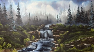 Misty Waterfall, Forest,  Original Oil Painting On 20x36” Canvas Bob Ross Style - Image 1 of 4