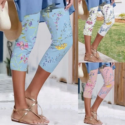 Women Lady Leggings Casual Floral Print Stretchy Capri 3/4 Length Pants Trousers - Image 1 of 4