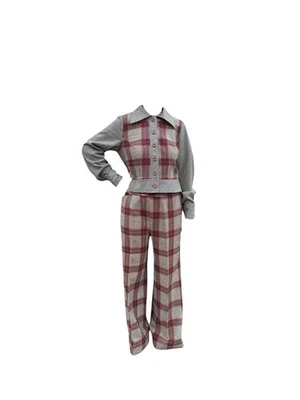 Traje De Colección Años 50-70 Dos Piezas Gris y Rojo Lana A Cuadros Pierna Ancha Pantalones Mujer’s Mediano Foto 1 de 4