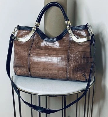 VTG Milly Brown Croc Embossed Leather Handbag Crossbody Bag Gold Accents NYC - Image 1 of 4