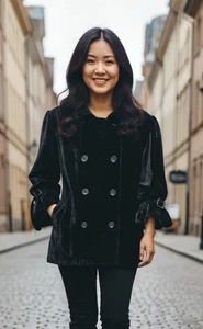 Vintage Black Velvet Double Breasted Blazer By LOOP Buckle Sleeves Quilted Sz 18 - Bild 1 von 2