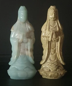 2  Chinese Statues Guanyin Quan Yin Buddhism Stone Blue Calcite Traditional 3" - Picture 1 of 12