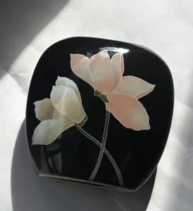 Vintage Oriental Black Floral Flat Oval Beautiful Shape Vase made in Japan - Picture 1 of 2