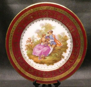 Placa con bordes dorados y borgoña Limoges France D 104 con pareja de cortejo (18,5 cm) - Imagen 1 de 4