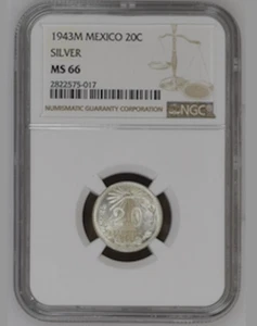 1943M Mexico 20 Centavos NGC MS66 .720 Silver - Picture 1 of 2