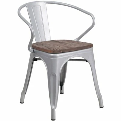 Sillón de comedor de metal Flash Furniture en grano plateado y madera Foto 1 de 4