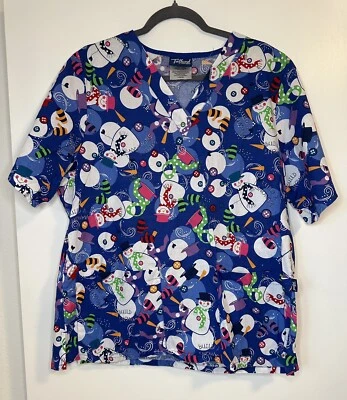 Tafford Snowman Winter Christmas Women's 2 Pocket Scrub Top Blue Size LG - Image 1 of 4