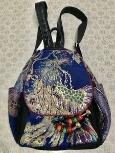 Backpack Purse Peacock Design Sequins Gold Thread Roomy Boho Unique - Picture 1 of 12