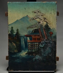 Antique Original Vintage Chinese Waterfall River Pagoda Landscape Oil Painting - Picture 1 of 10