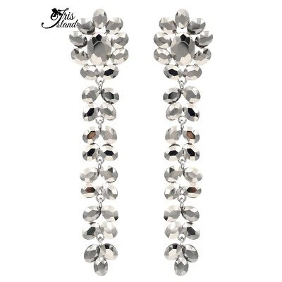 Brincos pendurados longos femininos jato hematita cristal strass tom prata concurso - Imagem 1 de 4