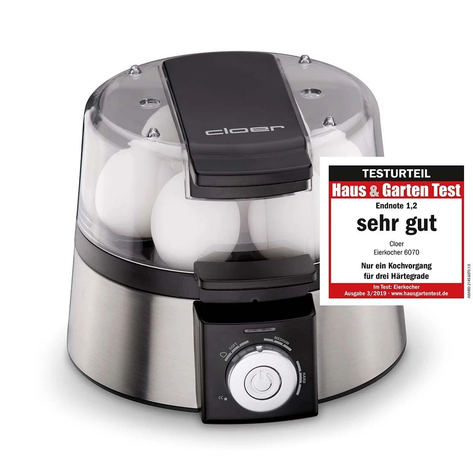 Eierkocher 7 Eier Edelstahl mit Messbecher Eipick Härtegrad einstellbar 435 Watt - Bild 1 von 4