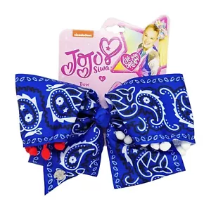 Jo Jo Siwa Bow in Blue Bandanna Print w/Red & White Pom Accents (NIP) - Picture 1 of 3