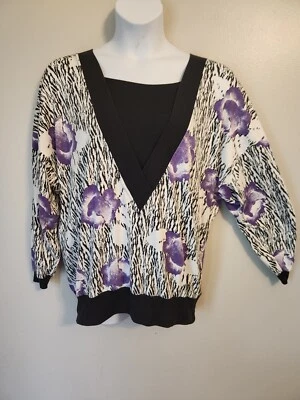 Vintage 80s Silver Threads Animal Print Purple Floral Black Layered Look Top 1X - Image 1 of 4