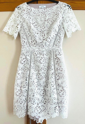 OFF WHITE Abito donna Reiss Eleania bianco sporco panna pizzo manica corta taglia 10