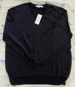 NUEVO CON ETIQUETAS Calvin Klein Hombres Clásicos Lana Merino Cuello en V Suéter Crudo Denim a Rayas XL - Imagen 1 de 2
