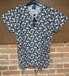 Medgear Spring Tulips Purple Scrub Top Size Medium V-Neck New With Tags - Picture 1 of 2