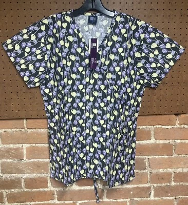 Medgear Spring Tulips Purple Scrub Top Size Medium V-Neck New With Tags - Image 1 of 2