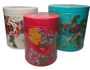 Pioneer Woman Country Garden Canister Set of 3 L Teal M Ivory S Red Carbon Steel - Picture 1 of 23