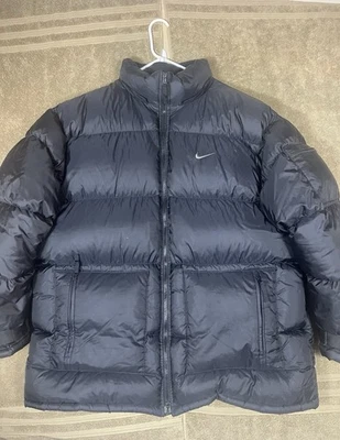 Vintage 90s Nike Puffer Coat Jacket Men 2XL Loose Black Swoosh Full Zip Silver - Image 1 of 4