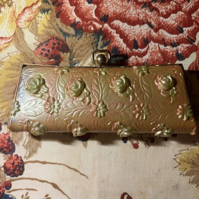 Vintage REX 5th Ave Embossed Floral Plastic Clutch Eyeglass Case Gold Tone 1940 - Image 1 of 4