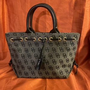Dooney & Bourke Signature Monogram Tassel Tote Handbag Purse Black Y2K Vintage - Picture 1 of 13