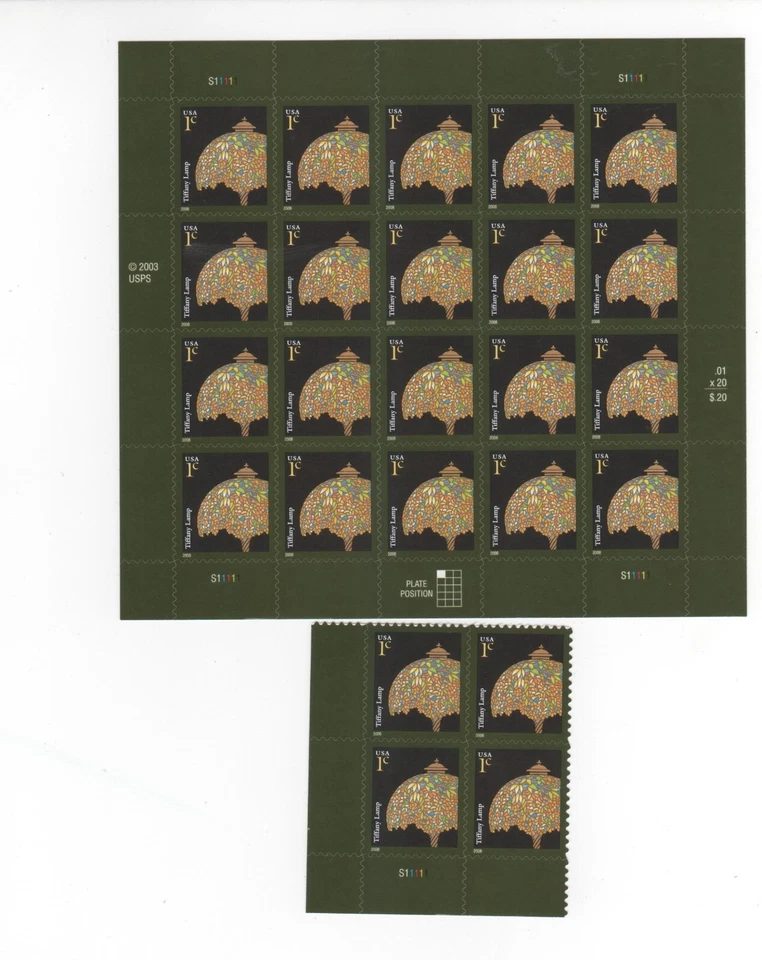 TIFFANY LAMP US 2008 Scott #3749A AMERICANA 1c MVF PLATE BLOCK + 20 STAMP SHEET - Image 1 of 3