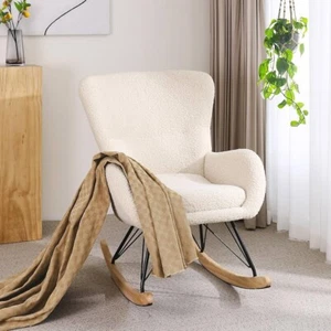 Beige Rocking Chair Nursery Modern Faux Wool Armchair Comfy Cushion Accent Seat - Picture 1 of 9