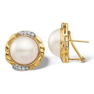 14K Solid Yellow Gold 13mm White Saltwater Cultured Mabe Pearl Diamond Omega ... - Picture 1 of 4