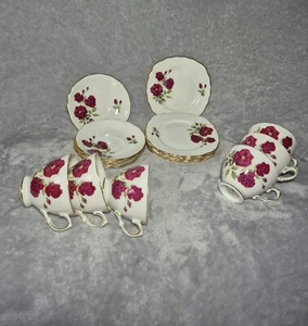 Vintage 1950s Crown Royal Wild Roses Bone China Tea Set X6 Cups Saucers & Plates - Picture 1 of 15