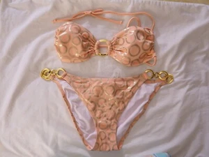 New VICTORIA'S SECRET Peach/Gold Rings Bikini 2 Pc Swimsuit Size Top-S/Bottom-M - Picture 1 of 4
