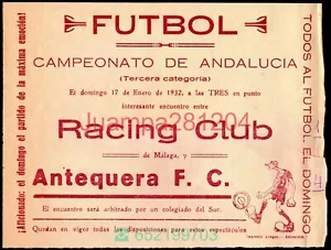 CARTEL DE FUTBOL 1932 RACING MALAGA - ANTEQUERA 195x149mm CAMPEONATO ANDALUCIA - Imagen 1 de 2