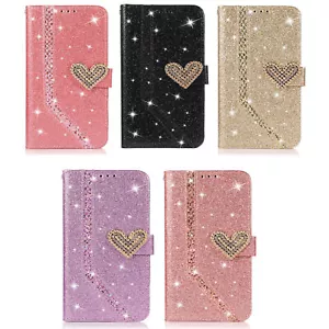 Leather Bling Love Glitter Wallet Phone Case For Samsung S24 S23 A34 A54 A14 - Picture 1 of 17