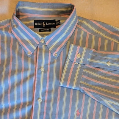 Camisa de vestir vintage Ralph Lauren para hombre 18 34/35 azul a rayas rosa pony calce clásico Foto 1 de 4
