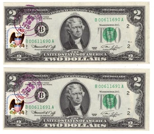 $2 1976 Federal Reserve Note NY Fr#1935-B Consecutive Pair w/ Bicentennial Stamp - Picture 1 of 2