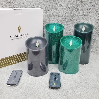 Luminara Flameless Moving Wick Candle Set of 4 Green 5" & 7" Smooth Glitter - Image 1 of 4