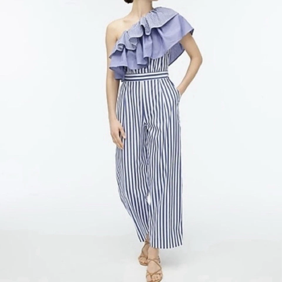 J. Mono Crew Mujer 10 Azul Blanco Un Hombro Volantes Rayas Pierna Recta Foto 1 de 4