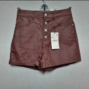 Zara Shorts Size Womens 8 Burgundy Faux Leather Button Front High Waist Summer - Picture 1 of 5