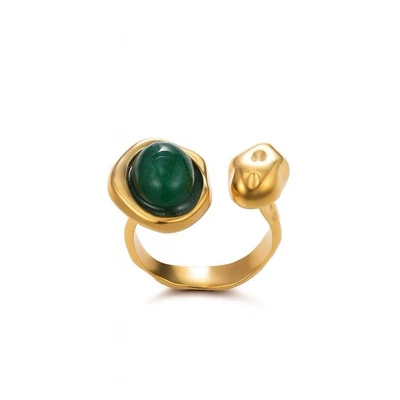 Anillo ajustable abierto de piedras preciosas verdes de acero inoxidable chapado en oro Foto 1 de 3