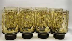 Vintage 8er Set Libbey Tawny Brown Trinkgläser mit gelben Blumen 70er Jahre - Bild 1 von 4