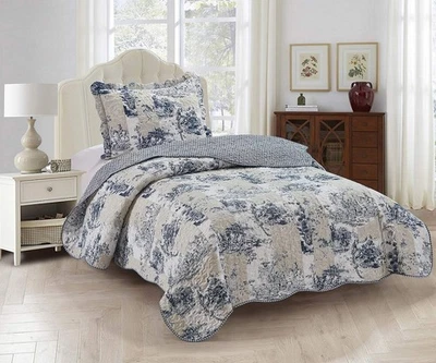 Blue Toile in Beige and Ivory Patches, 2-Piece Quilt Set with 1 Sham, Reversi... - Image 1 of 4