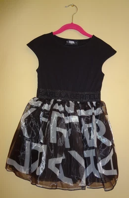 Girl's Karl Lagerfeld Black Logo Pleated Organza Layered Skirt Dress in size 6 - Image 1 of 4