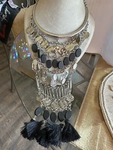 VTG CHICO’S 14/2” Black And Silver BIB NECKLACE NWOT- Costume Jewelry - Picture 1 of 5