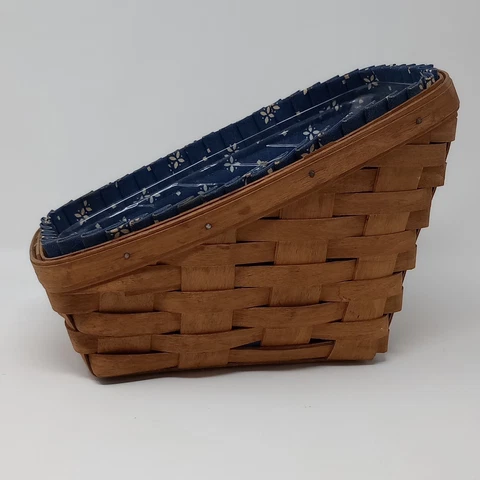 Longaberger Sloping Woven Wood Basket Blue Cloth Liner Cover