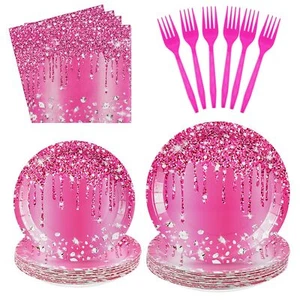 96pcs Pink Silver Birthday Party Supplies Pink Silver Party Plates Disposable 35 - Picture 1 of 7