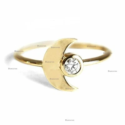 Solitaire Natural Diamond Crescent Half Moon Ring With 14K Yellow Solid Gold US7 - Image 1 of 4