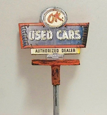 1/18, 1/24 Scale Diorama Vintage Worn OK Used Cars 2-Sided Neon Looking Sign - Image 1 of 4