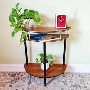 Vintage Half Moon Teak Table 3 Tier Console Hall Plant Stand 60s 70s Retro - Picture 1 of 15